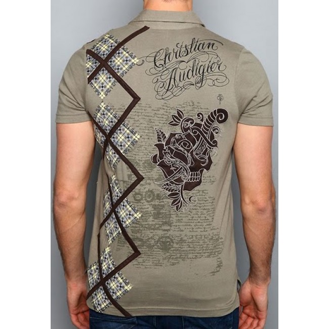 Christian Audigier Mens Garage Parts Cycles Enzyme Wash Tee Olive