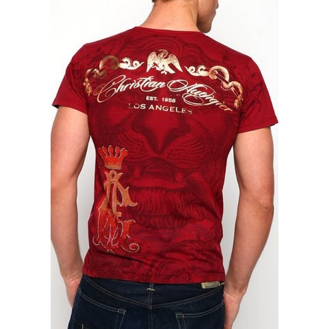 Christian Audigier Mens Bird Of Prey Enzyme Washed Tee Red
