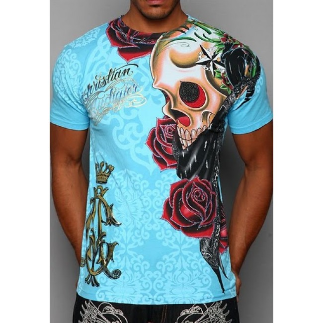 Christian Audigier Mens Old School Specialty Patch Tee Blue