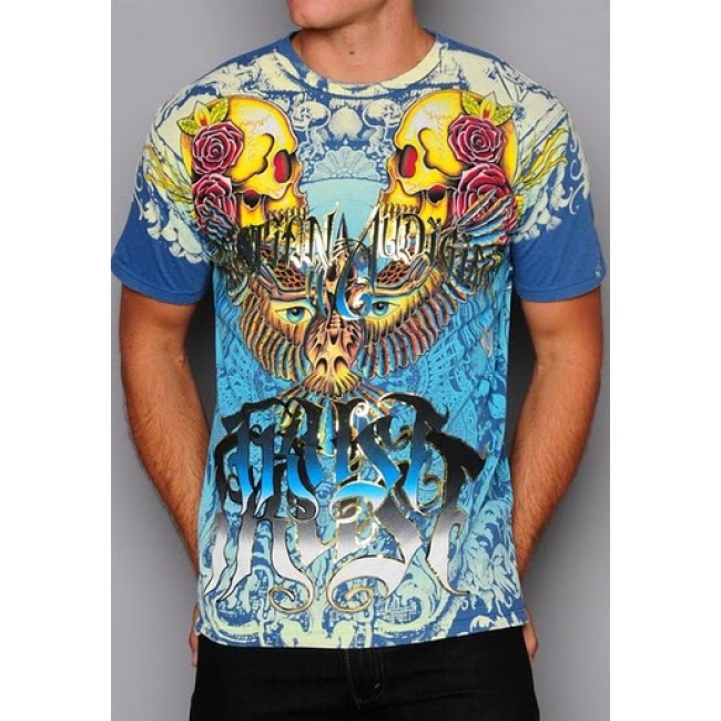 Christian Audigier Mens L.A. Rides Specialty Patch Tee Blue