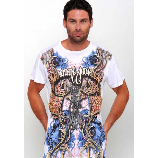 Christian Audigier Mens Roses And Flames Platinum Tee in White