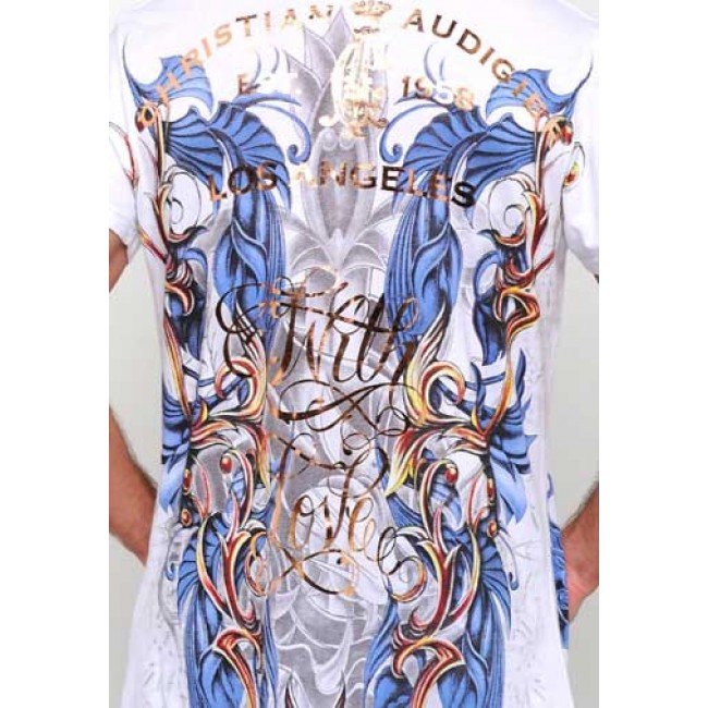Christian Audigier Mens Roses And Flames Platinum Tee in White