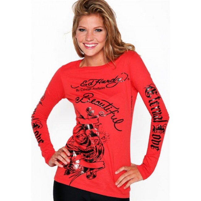 Ed Hardy Long Tee Shot Through The Heart Specialty Red For Women