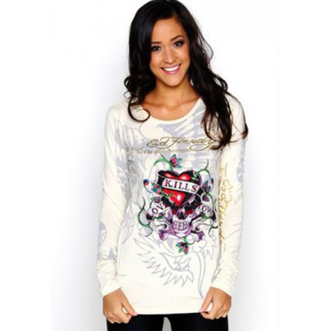Ed Hardy Long Tee Starlight Bouquet V-Neck Henley Pink For Women