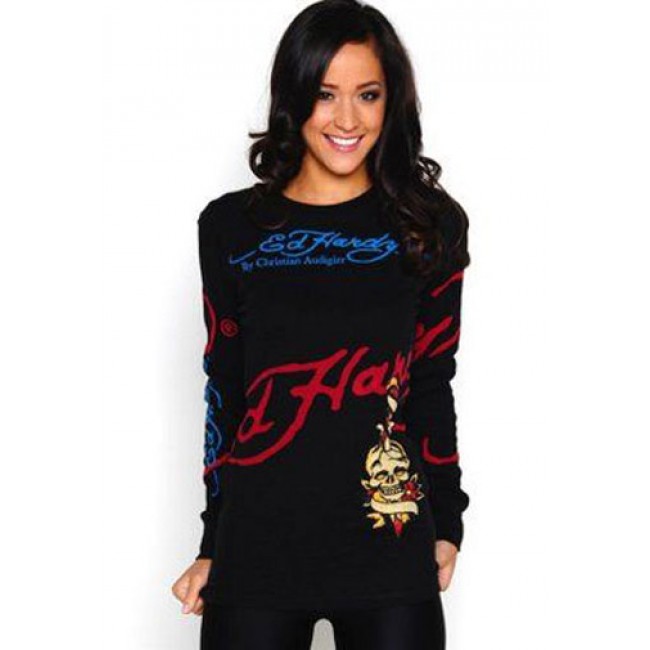 Ed Hardy Long Tee Dragon Head Platinum Ruched Blue For Women