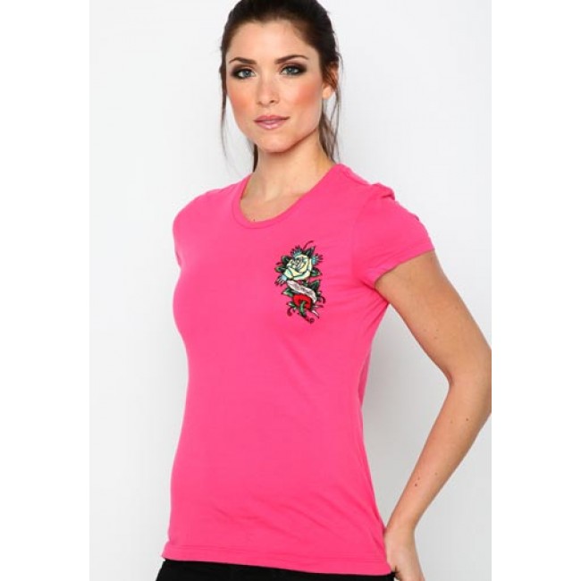 Ed Hardy Womens Rose Heart Core Basic Embroidered Tee