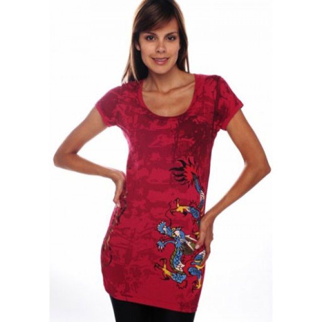 Ed Hardy Womens Blue Dragon Shimmer Scoop Neck Tunic Tee