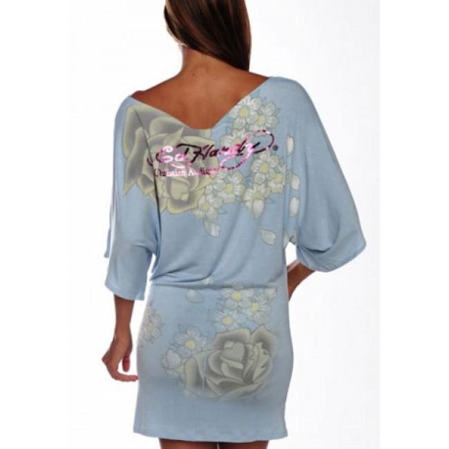 Ed Hardy Womens Two Roses Platinum Butterfly Sleeve Tunic