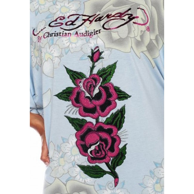 Ed Hardy Womens Two Roses Platinum Butterfly Sleeve Tunic