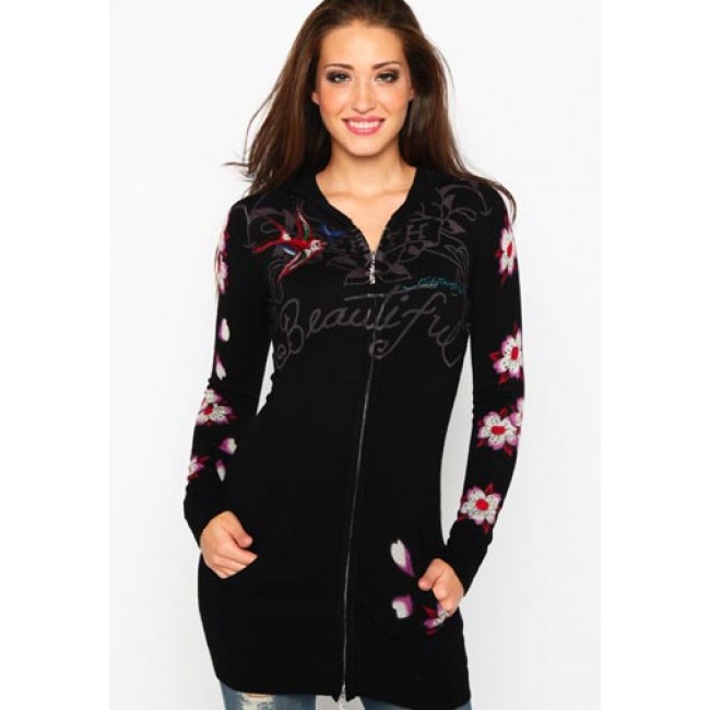 Ed Hardy Rose Bird Knitted Front Zip Tunic Hoodies
