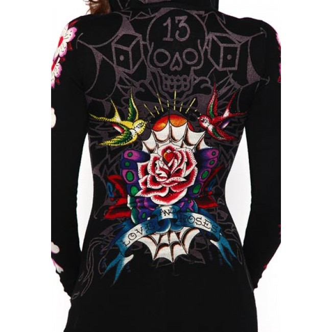 Ed Hardy Rose Bird Knitted Front Zip Tunic Hoodies